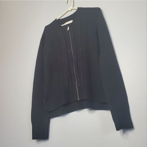 Carve Designs Black Wool Zip Up Cardigan Sweater Beaded Embellished - Picture 1 of 10